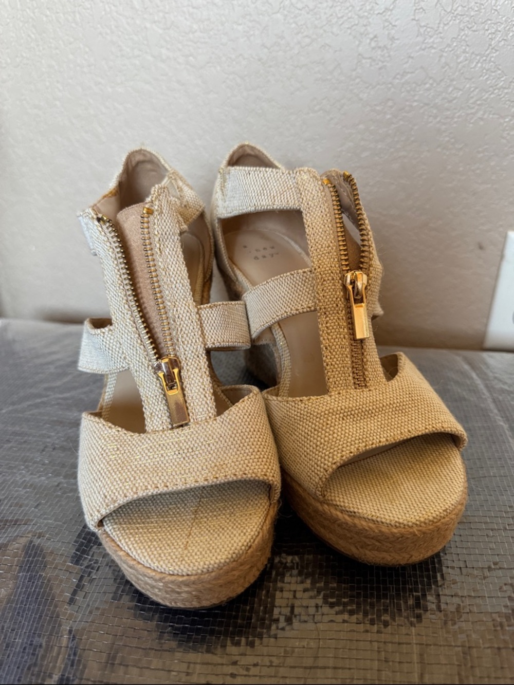 a new day Beige Canvas Wedge Sandals with Gold Zipper